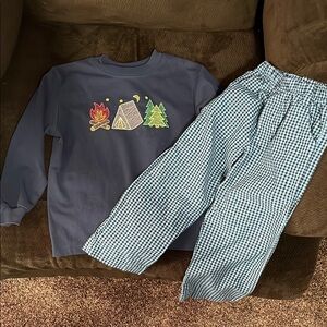 Blue Campfire Graphic Sweatshirt and Checkered Pants Set